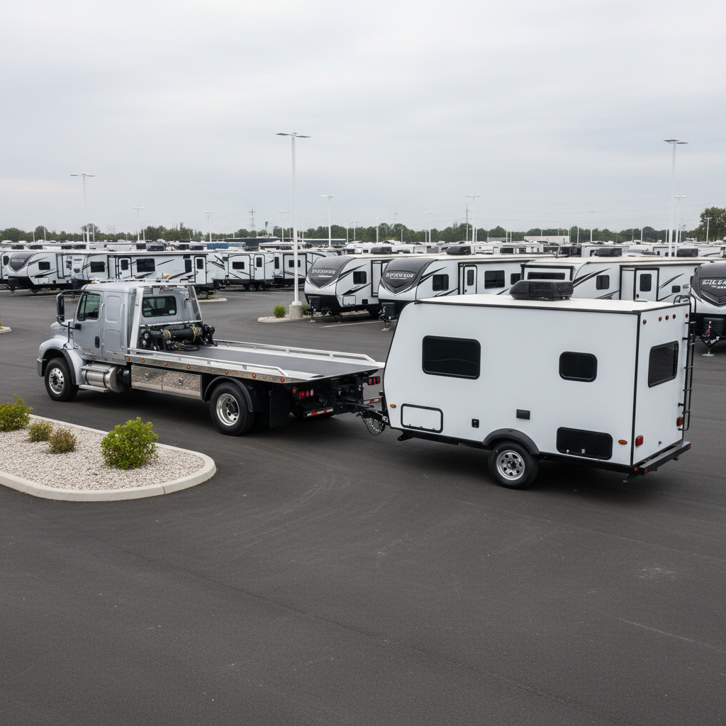A heavy-duty, matte silver flatbed tow truck hitched to a compact travel trailer with white fiberglass siding and flat black accents, both with immaculate surfaces and crisp detailing. The vehicle rests in a spacious, well-organized dealership parking lot surrounded by neat rows of other trailers and clean landscaping stones. Bright diffused daylight from a lightly clouded sky provides soft, balanced illumination with gentle highlights and minimal reflection. The angle is slightly elevated to capture the length and connection of truck and trailer, using a rule-of-thirds composition for visual stability. The atmosphere is structured, reliable, and business-like, presenting the transport service as trustworthy and competent in a photographic and neutral color scheme.