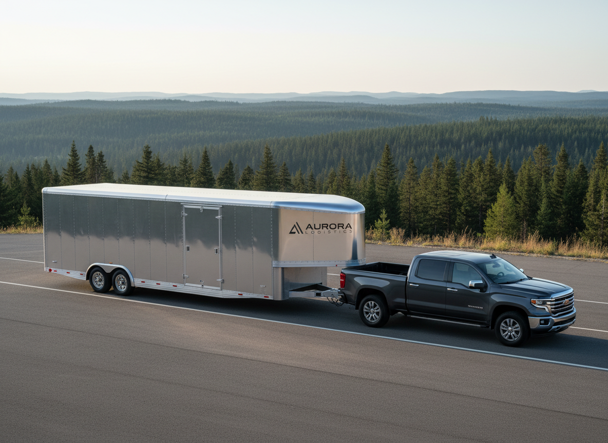 An aerodynamically styled enclosed cargo trailer with precision-machined aluminum panels and subtle branding, securely hitched to a modern dark-gray pickup, both pristine and dust-free. The setting is a spacious roadside pullout against a background of evergreen forests and rolling hills, with the trailer oriented diagonally in the frame for dynamic interest. Late afternoon natural light casts soft shadows and cool highlights, accentuating the trailer's curves and metallic finishes. The composition uses asymmetrical balance with the focus on the trailer, shallow depth of field subtly blurring the natural surroundings. The image is calm yet purposeful, underscoring premium, professional hauling services in a clean, realistic photographic style.