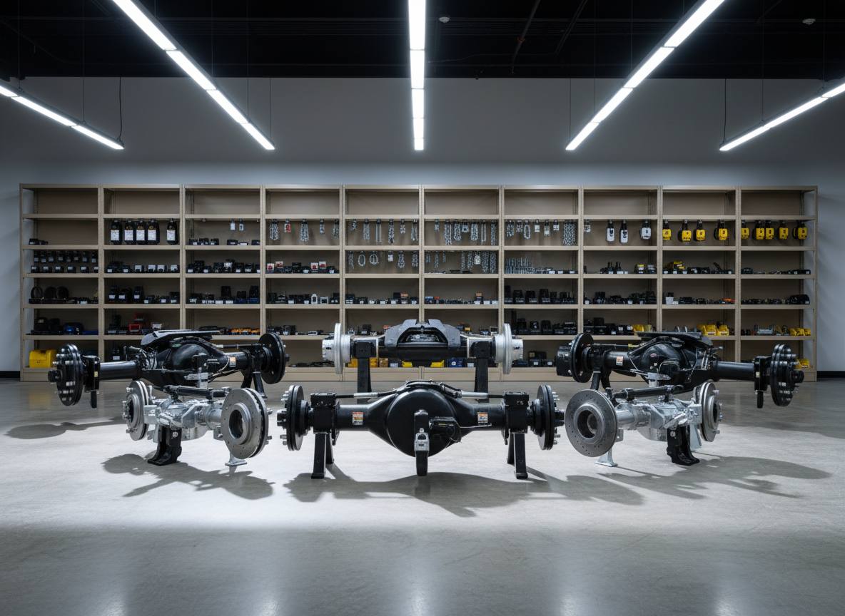 A set of intricately engineered commercial trailer axles and hitches displayed in immaculate condition on a brushed concrete floor within a minimalist, well-lit service bay. Neutral-toned modular shelving in the background displays neatly organized towing accessories. A wide beam of cool white LED overhead lighting creates defined highlights and crisp linear shadows, making the metallic textures of the equipment stand out. The composition is symmetrical and centered, lending a sense of order and expertise. The image radiates precision, sophistication, and technical clarity, aligning with the site’s corporate and dependable personality in a highly realistic, photographic style.